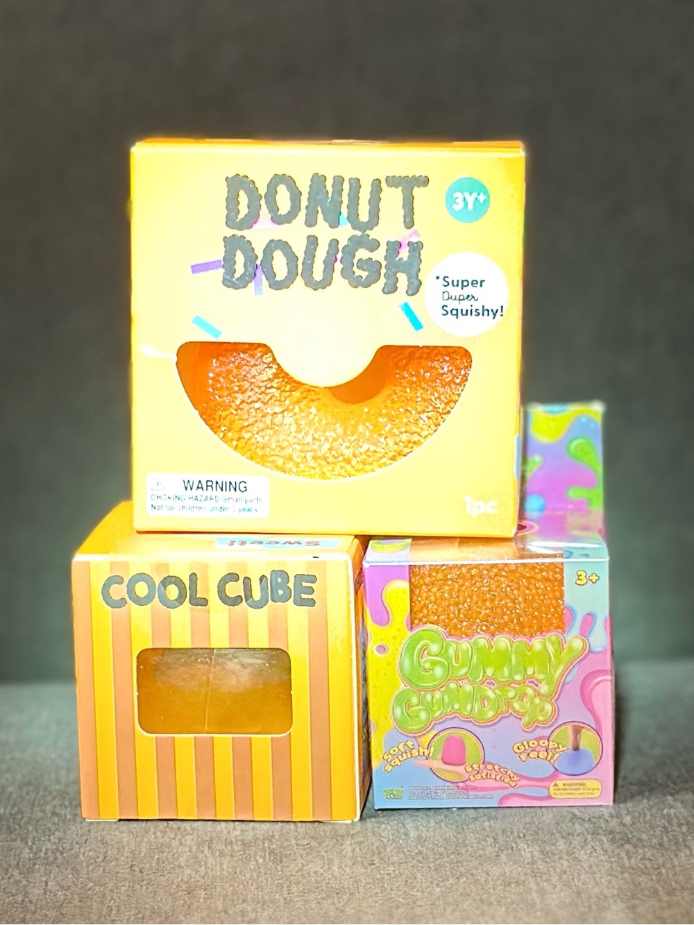 Viral Squishy Bundle 3 - Donut Dough, Cool Cube Squishy, Gummy Gumdrop (Orange)